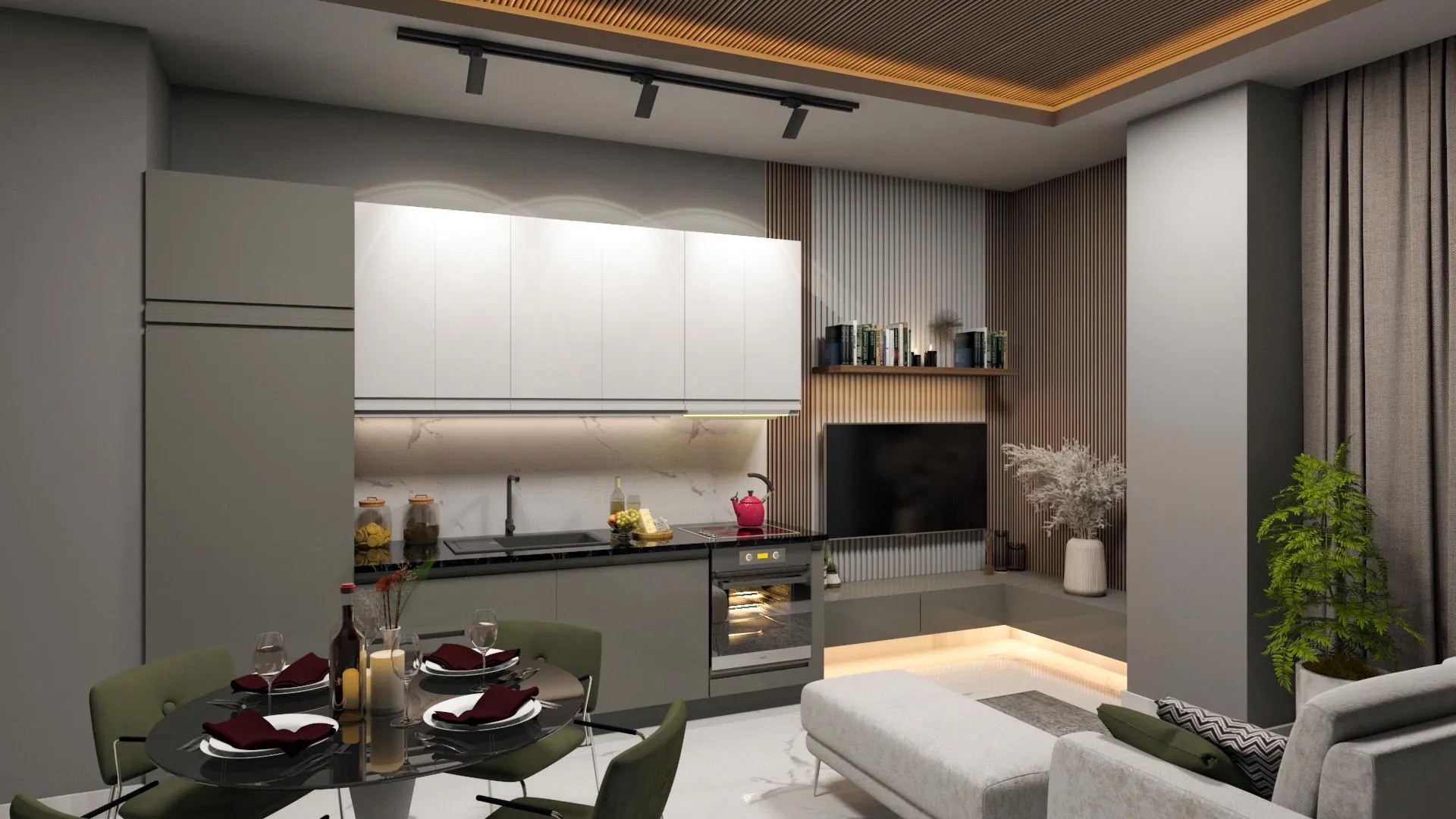 Однокомнатные апартаменты с кухонным гарнитуром общей площадью 51.4м2